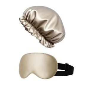 【BIOAM 佰歐安】天然蠶絲大尺寸舒眠眼罩護髮帽香檳金套組(蠶絲眼罩護髮帽/防靜電護髮睡眠/女王節)