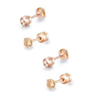 【耀眼美人】香檳金雙鋯石鑽鈦閃耀不銹鋼耳環兩組入(女王節/睡覺免摘/造型美容美感品味)