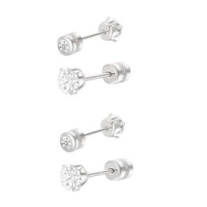 【耀眼美人】閃耀銀色80分雙鋯石鑽長杆鈦閃耀不銹鋼耳環兩組入(女王節/造型美容美感品味/厚耳垂用/)