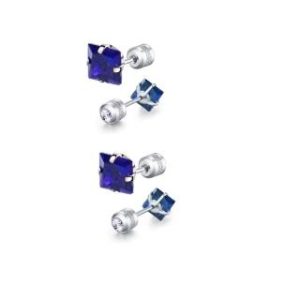 【耀眼美人】藍寶石公主方鋯石鑽鈦閃耀不鏽鋼耳環兩組入(女王節/造型/過爐款/美容美感品味)