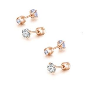 【耀眼美人】閃耀玫瑰金色雙鋯石鑽80分鈦閃耀不銹鋼耳環兩組入(女王節/造型美容美感品味)