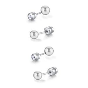 【耀眼美人】耀眼銀色中珠鈦閃耀/鈦鋼耳環後鋯石鎖式耳環(女王節/造型/銀珠轉式耳環/睡覺可戴)