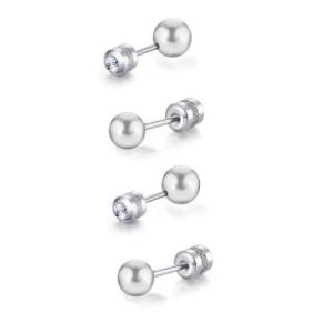 【耀眼美人】耀眼銀色大珠鈦閃耀/鈦鋼耳環後鋯石鎖式耳環(女王節/造型/銀珠轉式耳環/睡覺可戴)