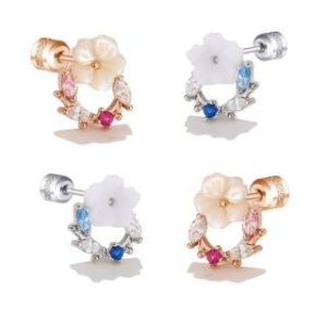 【耀眼美人】日系小花園/不鏽雙鋯石鑽耳環(女王節/四個/不鏽鋼/鈦鋼/雙鋯石鑽轉式耳環)