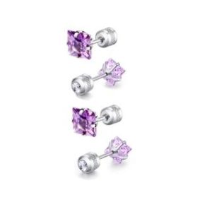 【耀眼美人】貴氣紫公主方鋯石鑽鈦閃耀不鏽鋼耳環兩組入(女王節/造型/過爐款/美容美感品味)