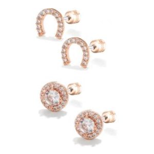 【耀眼美人】幸運光環玫瑰金微鑽後鎖/不鏽鋼雙鋯石鑽耳環(女王節/過爐款/鈦鋼/雙鋯石鑽轉式耳環)