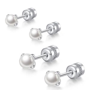 【耀眼美人】珍珠後鋯石鑽鈦閃耀/鈦鋼耳環鎖式耳環一對入(好運節/造型/轉式耳環/睡覺可戴)
