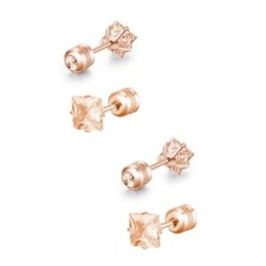 【耀眼美人】閃耀公主方玫瑰金香檳鋯石鑽鈦閃耀不鏽鋼耳環兩組入(女王節/造型/過爐款/美容美感品味)