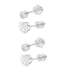 【耀眼美人】閃耀銀色2克拉雙鋯石鑽長杆鈦閃耀不銹鋼耳環兩組入(女王節/造型美容美感品味/厚耳垂用/)