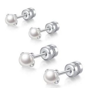 【耀眼美人】珍珠後鋯石鑽0.3公分+0.4公分鈦閃耀/鈦鋼鎖式耳環(耳環/造型/轉式耳環/睡覺可/女王節)